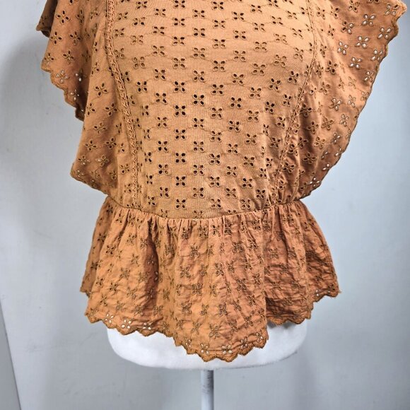 ZARA Cognac Brown Eyelet Lace Flutter Sleeve Peplum Top - Picture 5 of 7